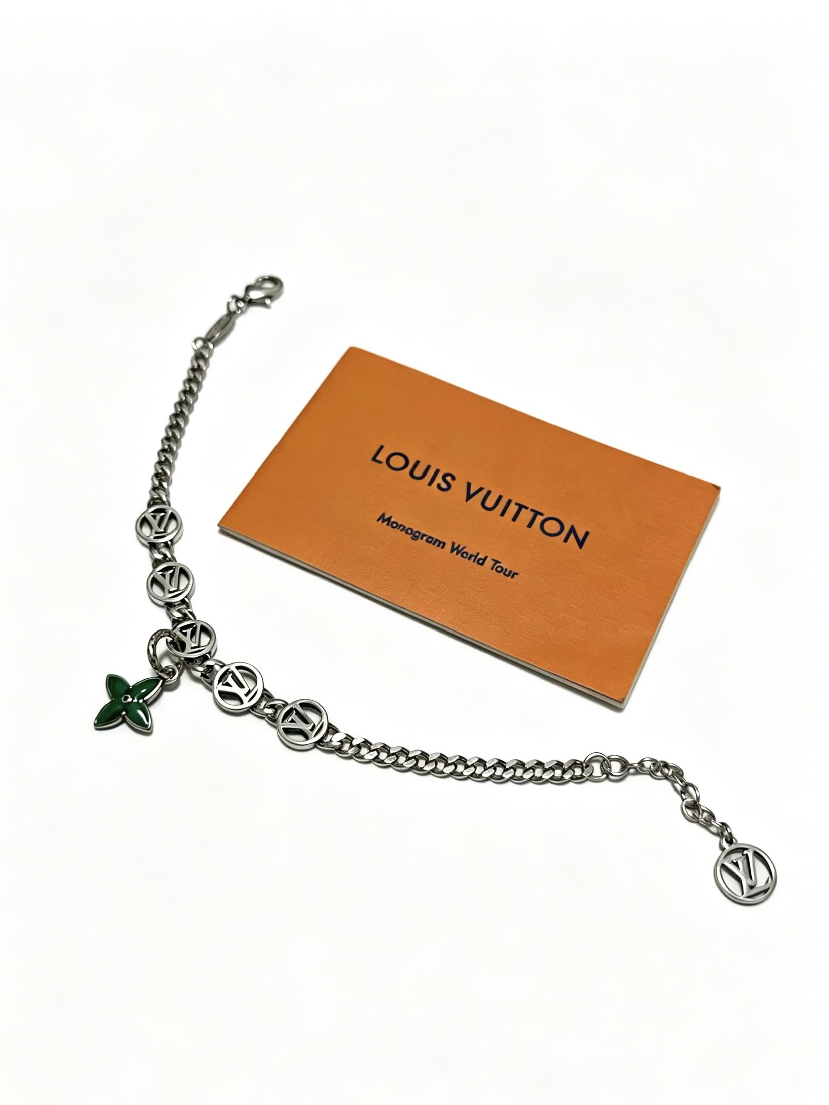 Louis Vuitton Silver Bracelet with Green Enamel Flower